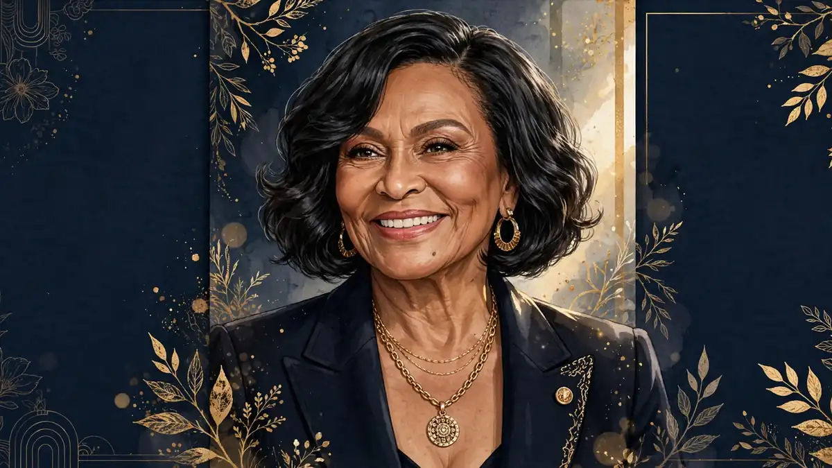Stylized illustrated portrait of Tina Knowles in navy and gold editorial style