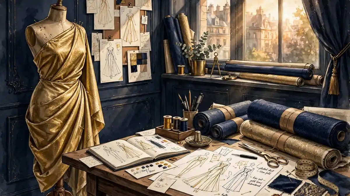 Illustration of a fashion atelier with sewing mannequin and fabric, evoking Tina Knowles' design career