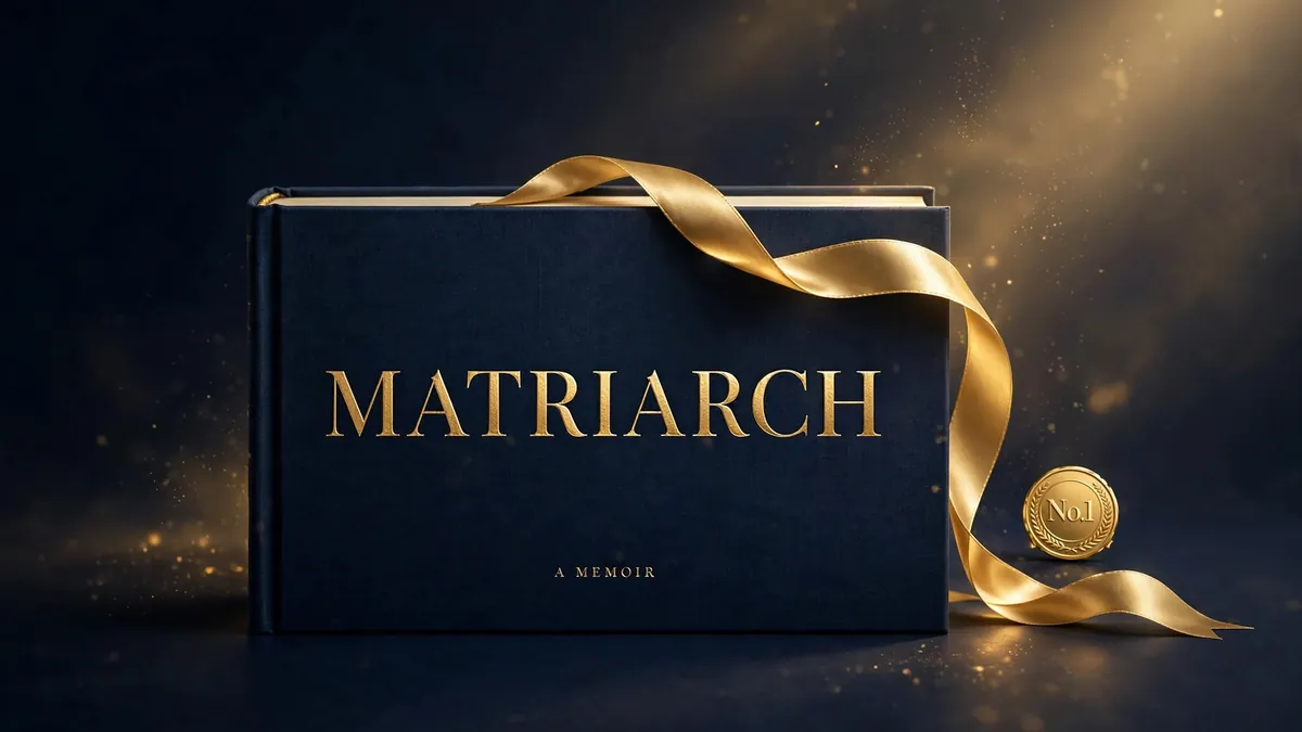 Illustration of a bestselling memoir book with gold accents on a navy background