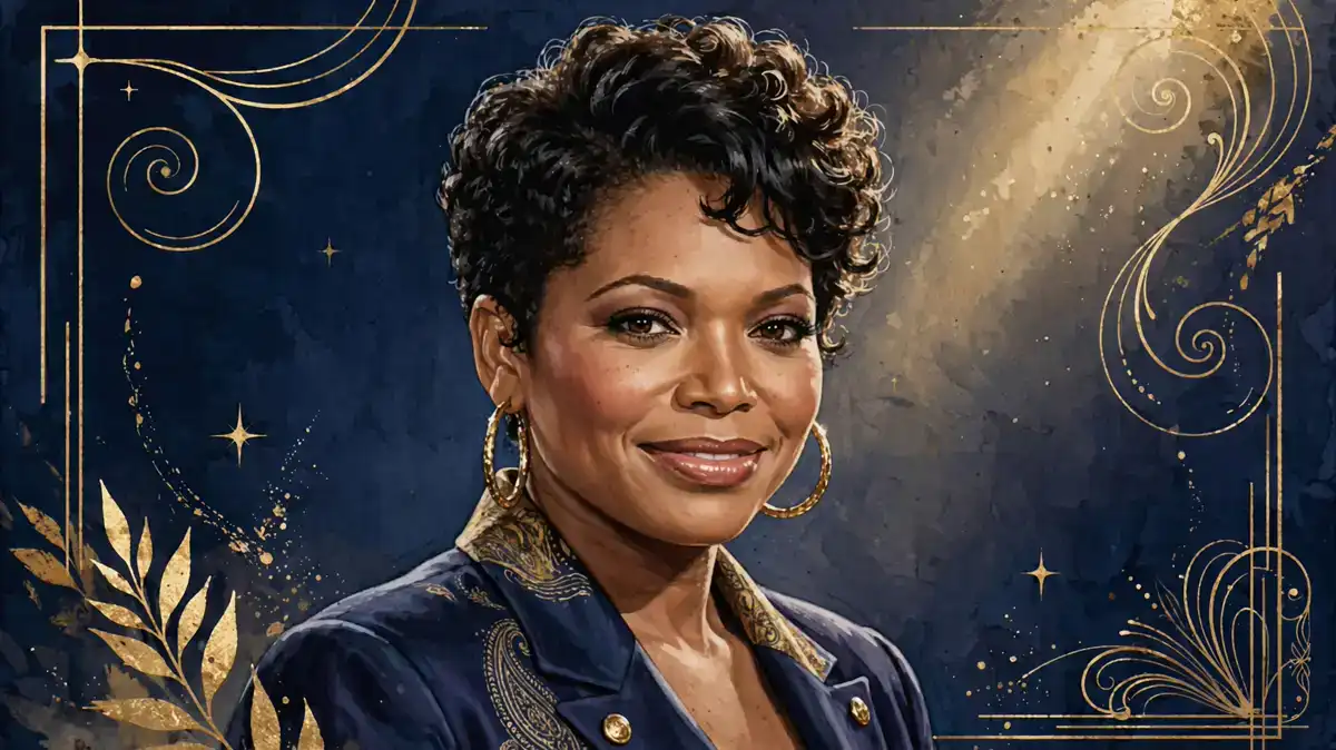 Stylized editorial portrait of Tisha Campbell, the Martin star, in navy and gold