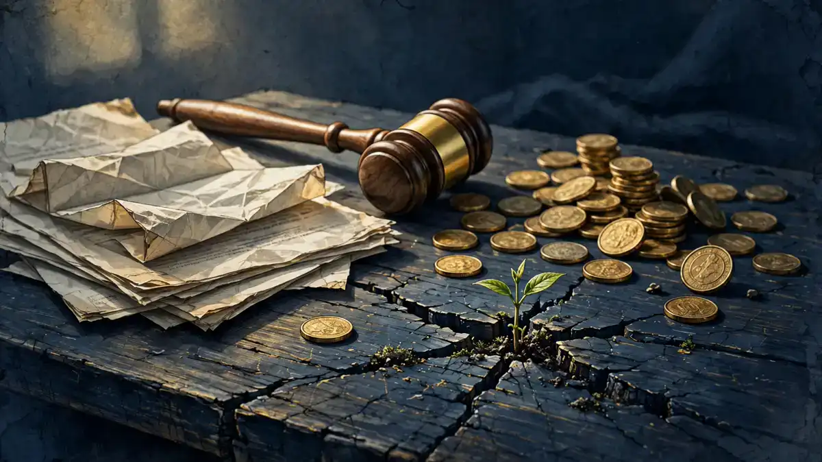 Legal papers, gavel and coins illustrating Tisha Campbell's 2016 bankruptcy and financial recovery