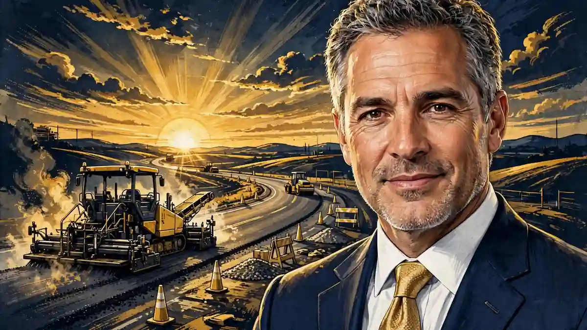 Illustrated portrait of businessman TJ Earle in a navy suit and gold tie, with an asphalt highway paving scene behind him