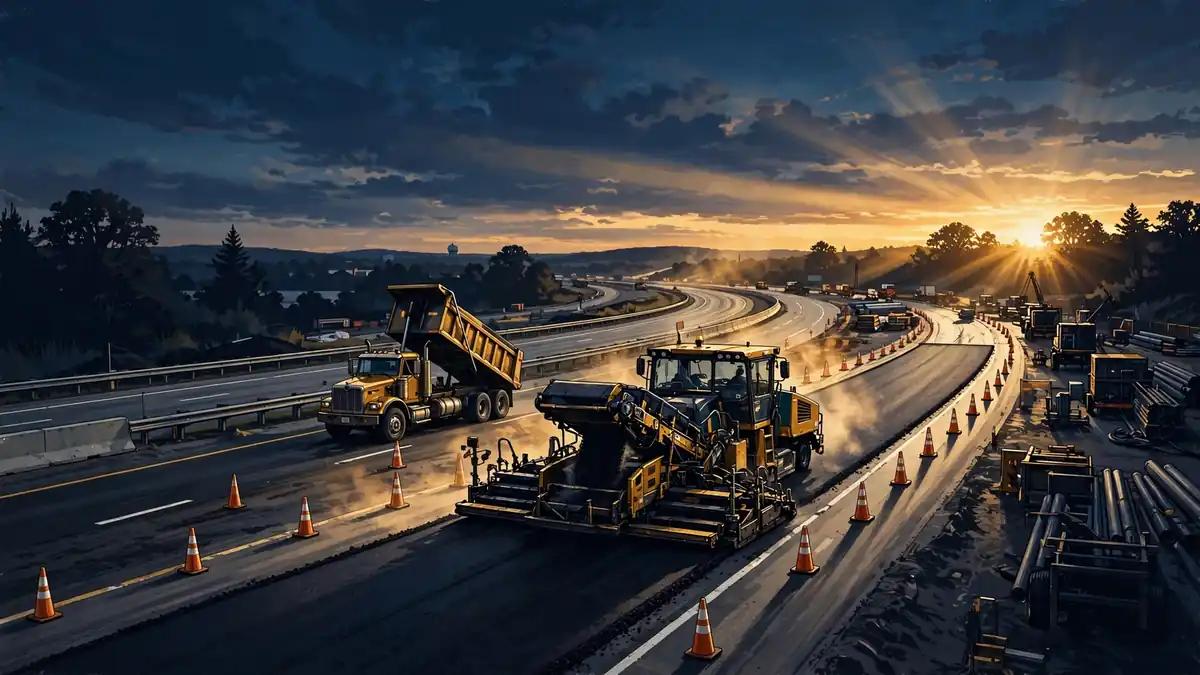 Illustrated asphalt paving machine laying fresh highway at sunset in New Jersey