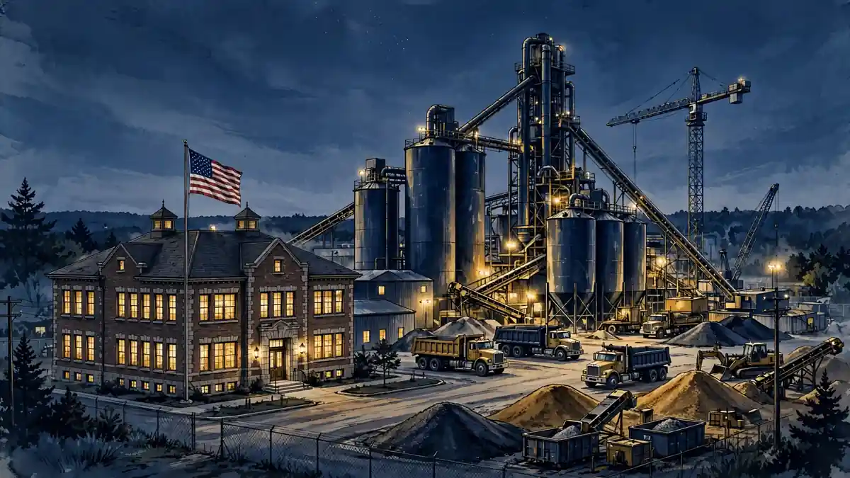 Illustrated construction company headquarters and asphalt plant with silos at dusk, American flag flying