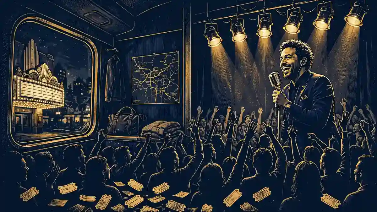 Illustration of a packed comedy club crowd and a glowing vintage theater marquee in navy and gold
