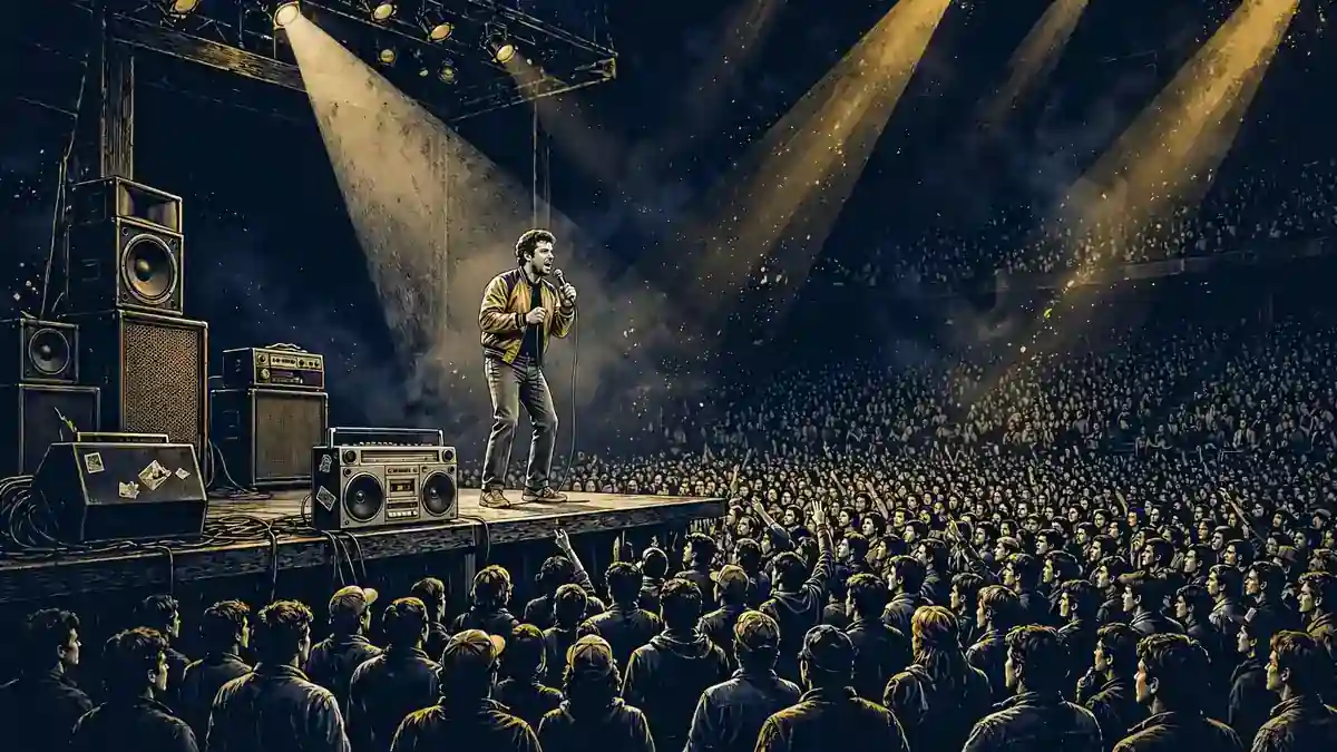 Illustration of a 1980s hip-hop arena with a lone comedian in the spotlight, in navy and gold