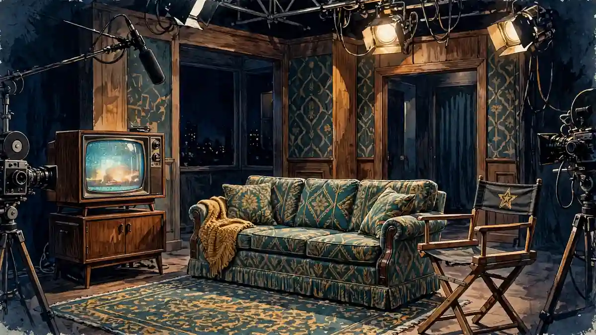 Illustrated 1980s television sitcom studio set, evoking Todd Bridges' Diff'rent Strokes era