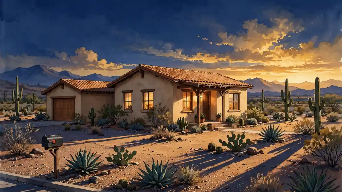 Illustrated Arizona suburban home at sunset, representing Todd Bridges' reported Glendale property