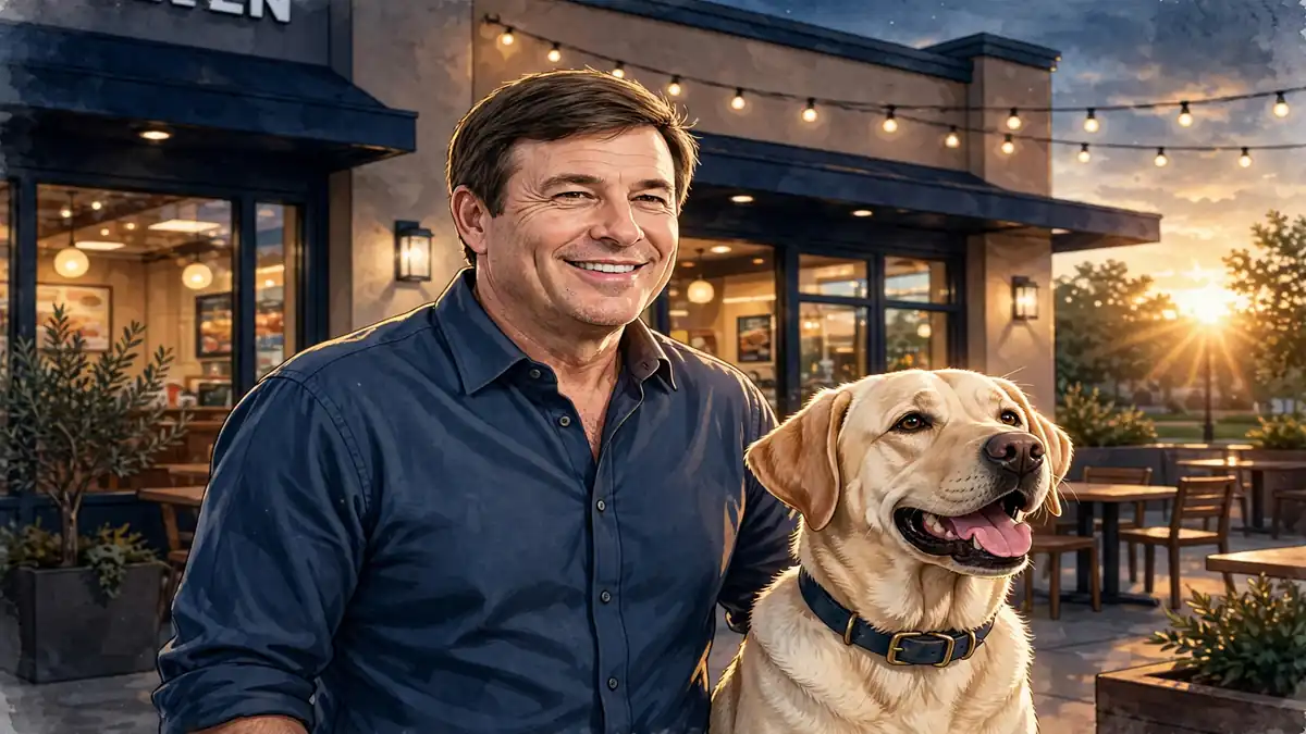 Illustrated portrait of Raising Cane's founder Todd Graves with a yellow Labrador retriever in front of his restaurant at sunset, in navy and gold