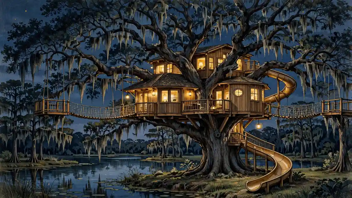 Illustrated treehouse wrapped around a giant live oak with a slide, glowing at twilight in a Louisiana backyard