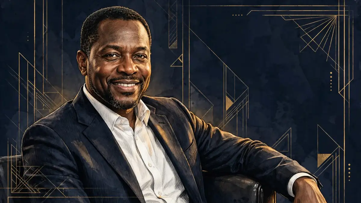 Stylized illustrated portrait of television producer Todd Tucker in navy and gold
