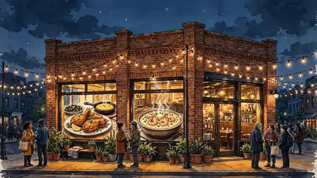 Illustrated view of an Old Lady Gang-style Southern restaurant storefront glowing at dusk