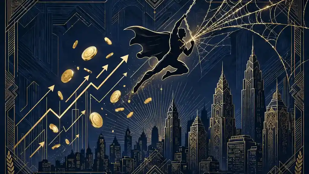 Illustration of a web-slinging superhero silhouette over a night city skyline with gold coins and rising chart arrows