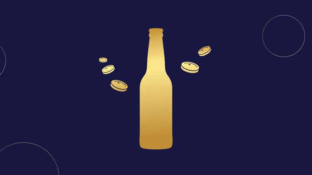 Minimal flat-style illustration of a gold beer bottle with coins on a navy background