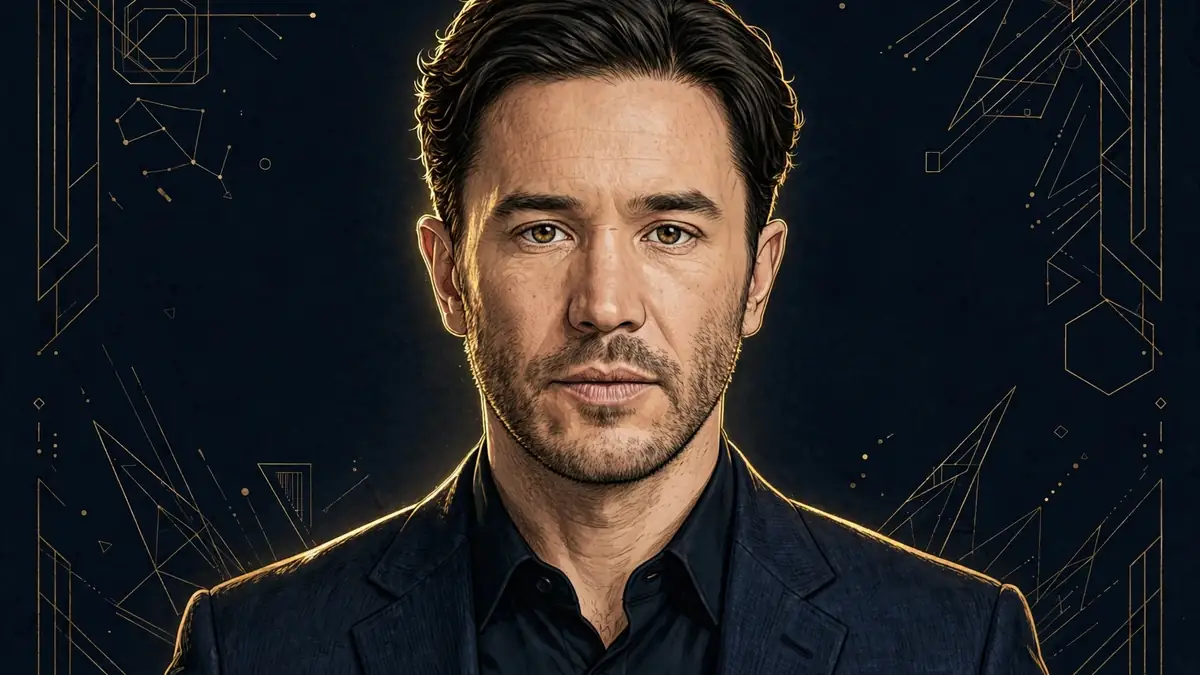 Stylized illustrated portrait of Tom Pelphrey in dark navy and gold