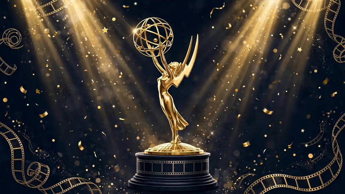 Illustration of a golden Emmy trophy on dark navy with gold spotlights