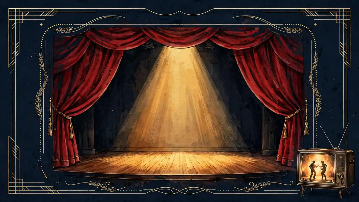 Illustration of a theater stage and vintage television in navy and gold
