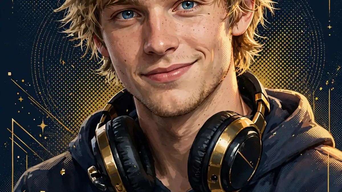Stylized illustrated portrait of TommyInnit in navy and gold