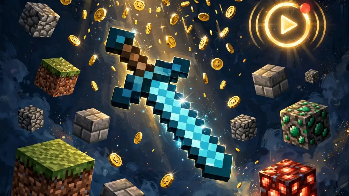 Illustration of a Minecraft-inspired streaming scene with blocks and gold coins