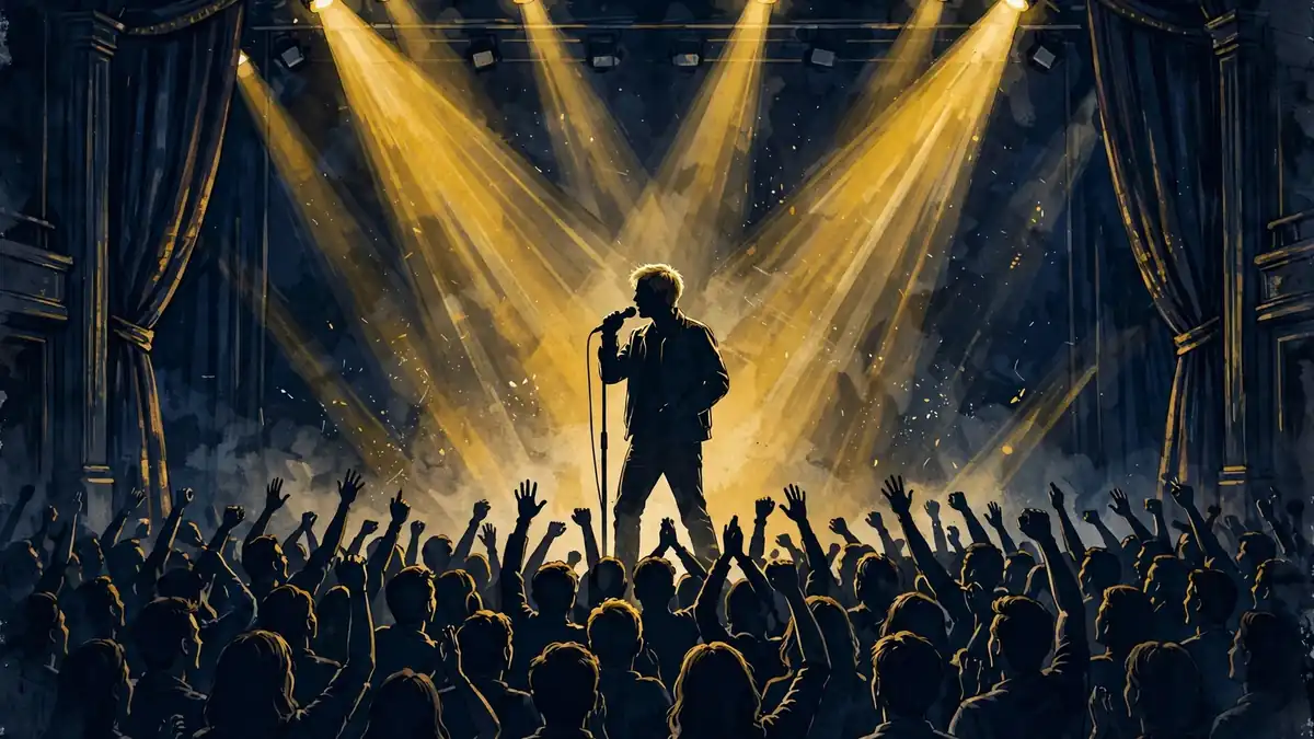Illustration of a comedy theatre stage under golden spotlights