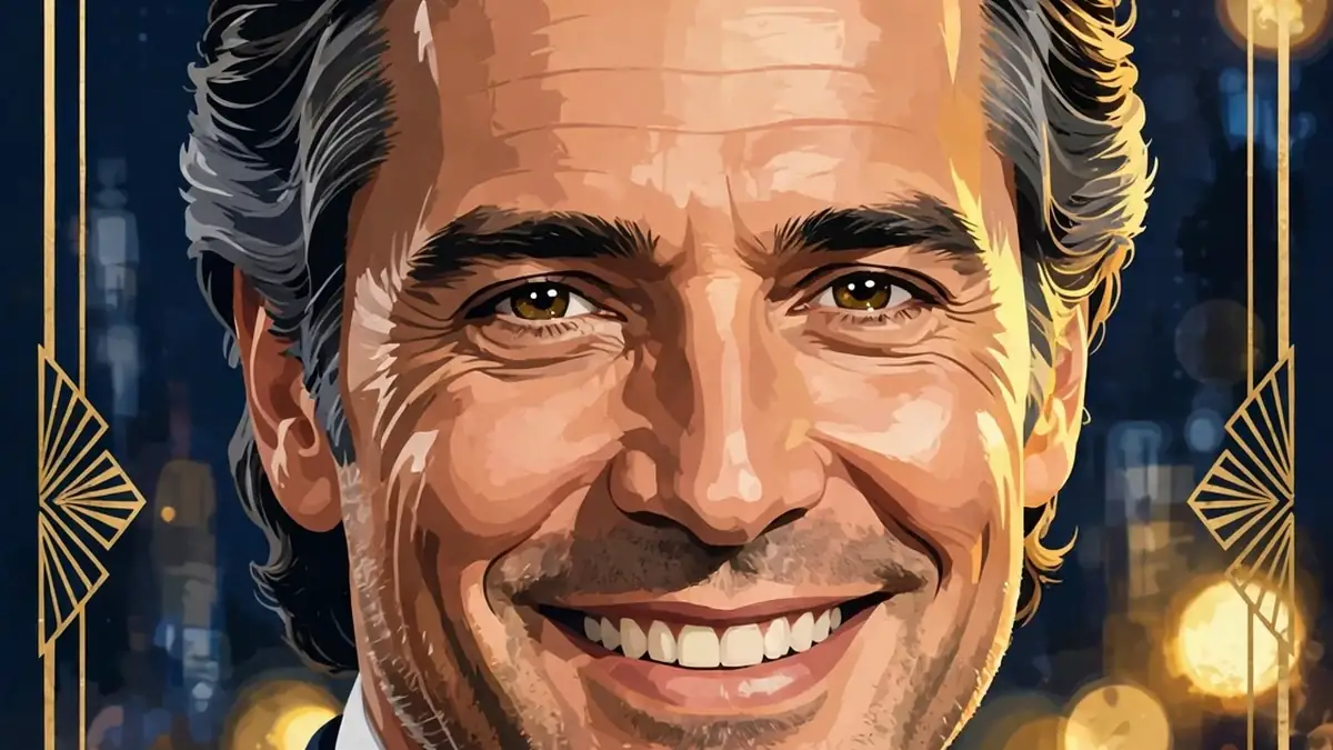 Illustrated portrait of Tony Danza, smiling, in navy and gold editorial style
