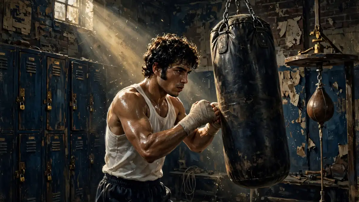 Illustration of a young boxer training on a heavy bag in a gritty 1970s New York boxing gym