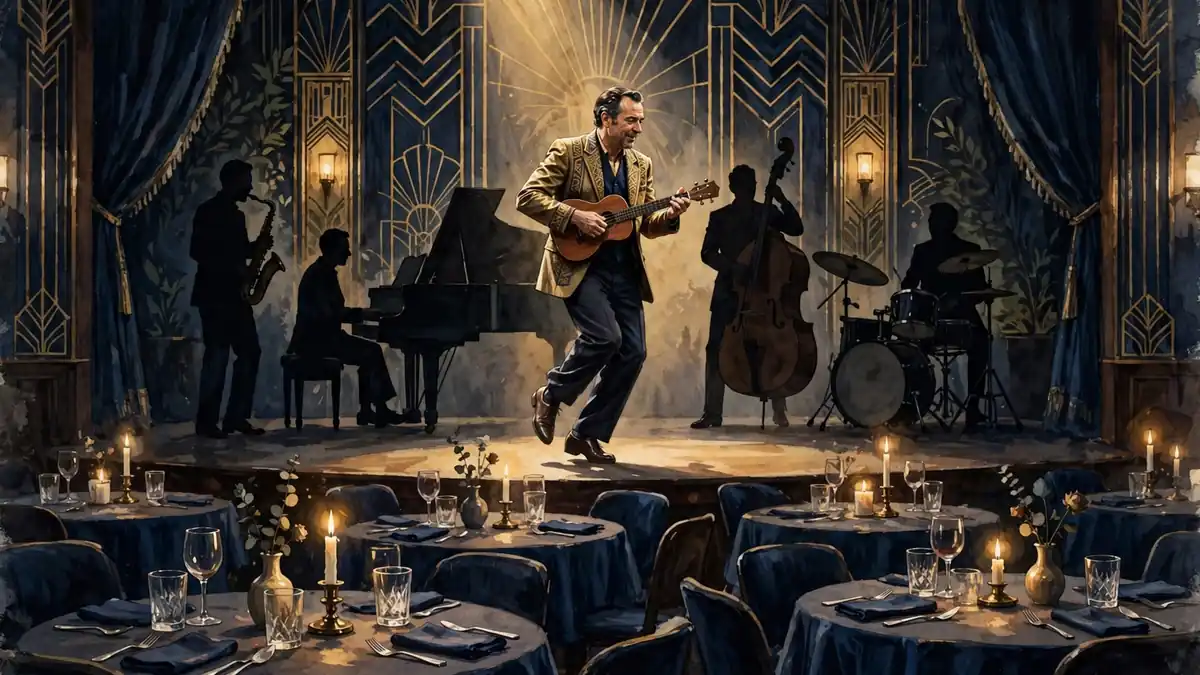 Illustration of a cabaret performer tap-dancing with a ukulele on an art-deco supper-club stage