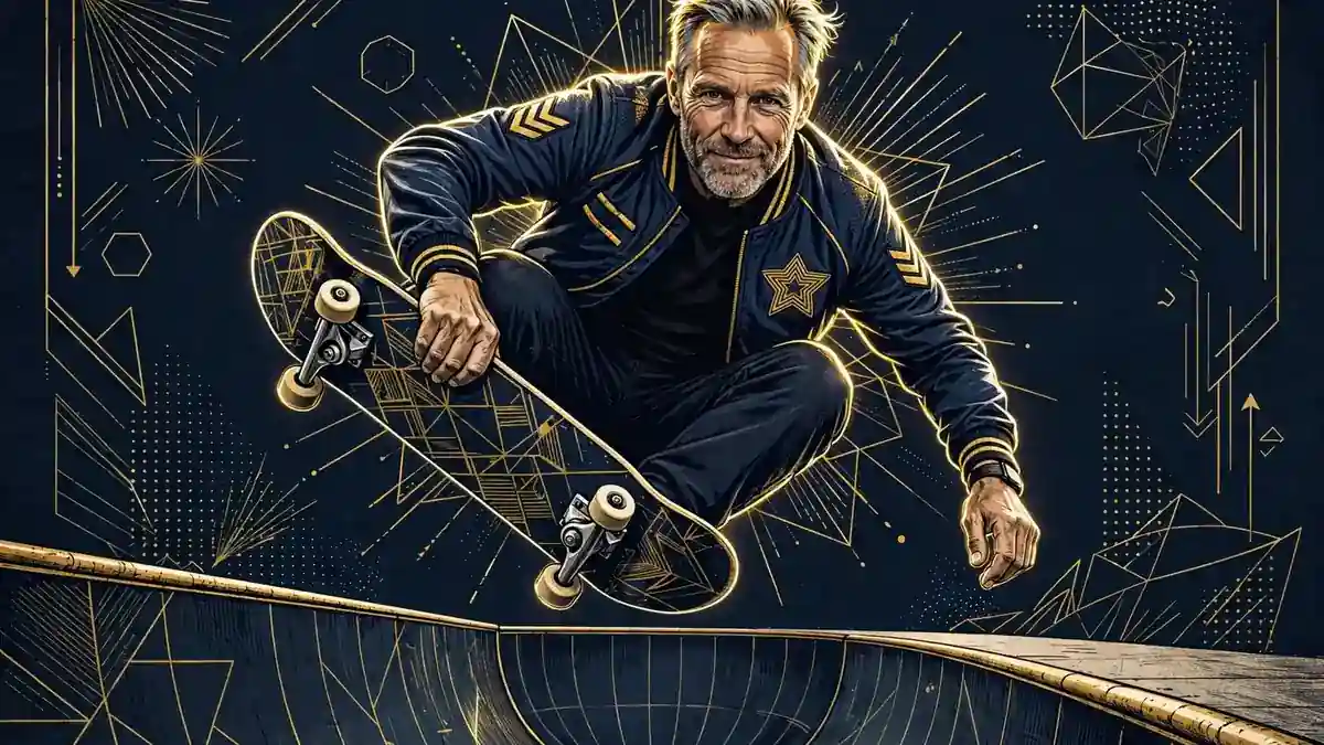 Illustrated portrait of Tony Hawk performing a vert trick above a halfpipe in navy and gold editorial style