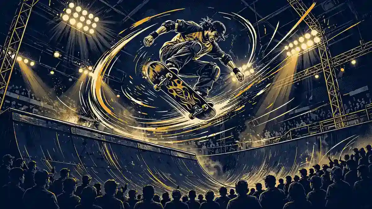 Illustration of a skateboarder landing a spinning aerial trick over a vert ramp at a 1999 X Games-style event