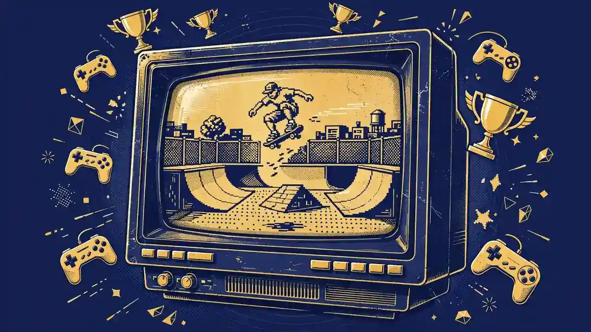 Illustration of a retro skateboarding video game screen with gold trophy and controller
