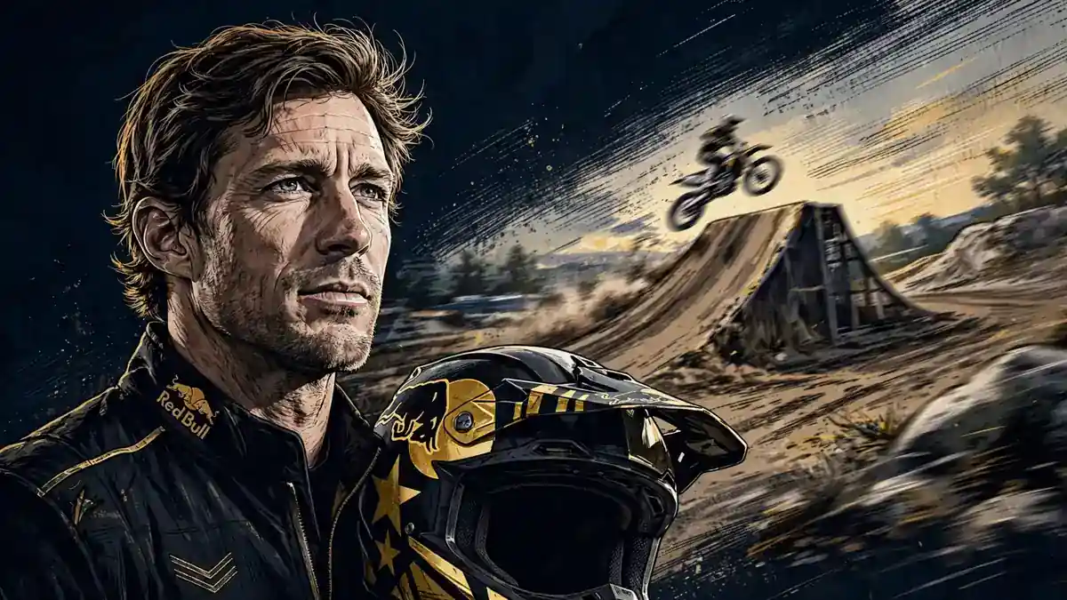 Illustrated editorial portrait of Travis Pastrana holding a motocross helmet with a freestyle ramp in the background