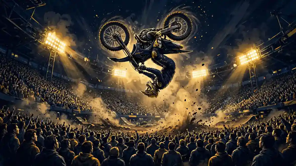 Illustration of a freestyle motocross rider performing a backflip over an arena crowd at night