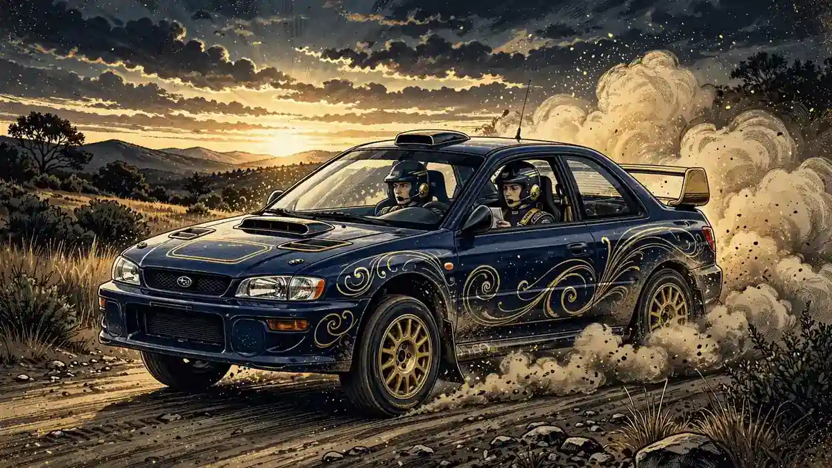 Illustration of a Subaru rally car drifting on a dirt track at sunset