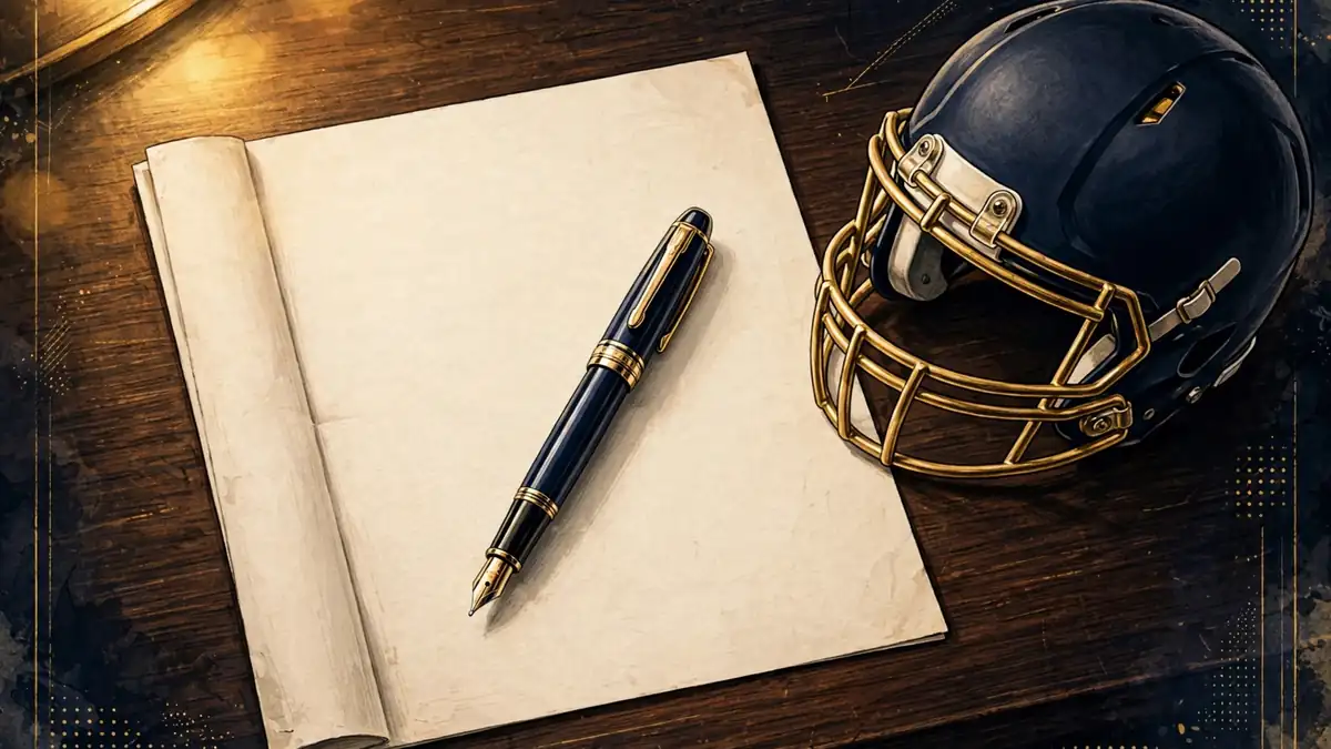 Illustration of a football helmet, fountain pen and contract paperwork on a dark wooden desk