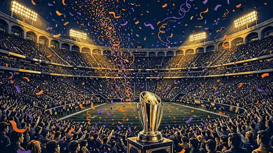 Illustration of a championship trophy in a packed college football stadium with confetti falling