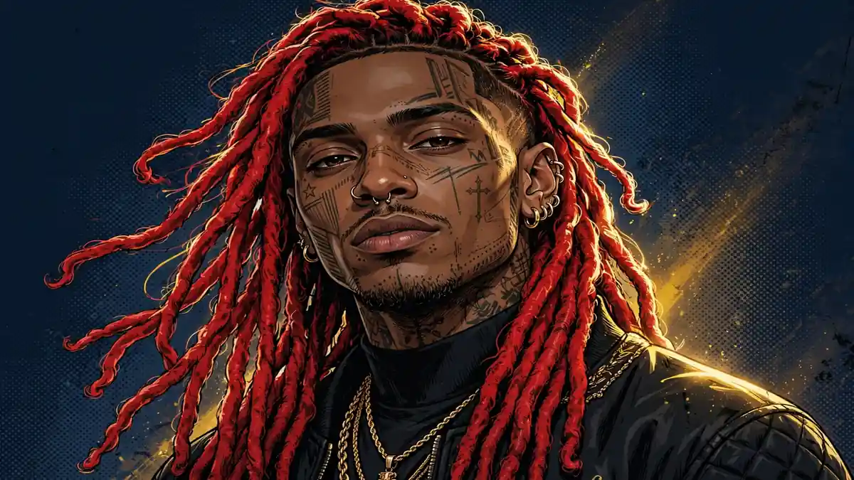 Stylized editorial illustration of Trippie Redd with red dreadlocks and face tattoos in navy and gold