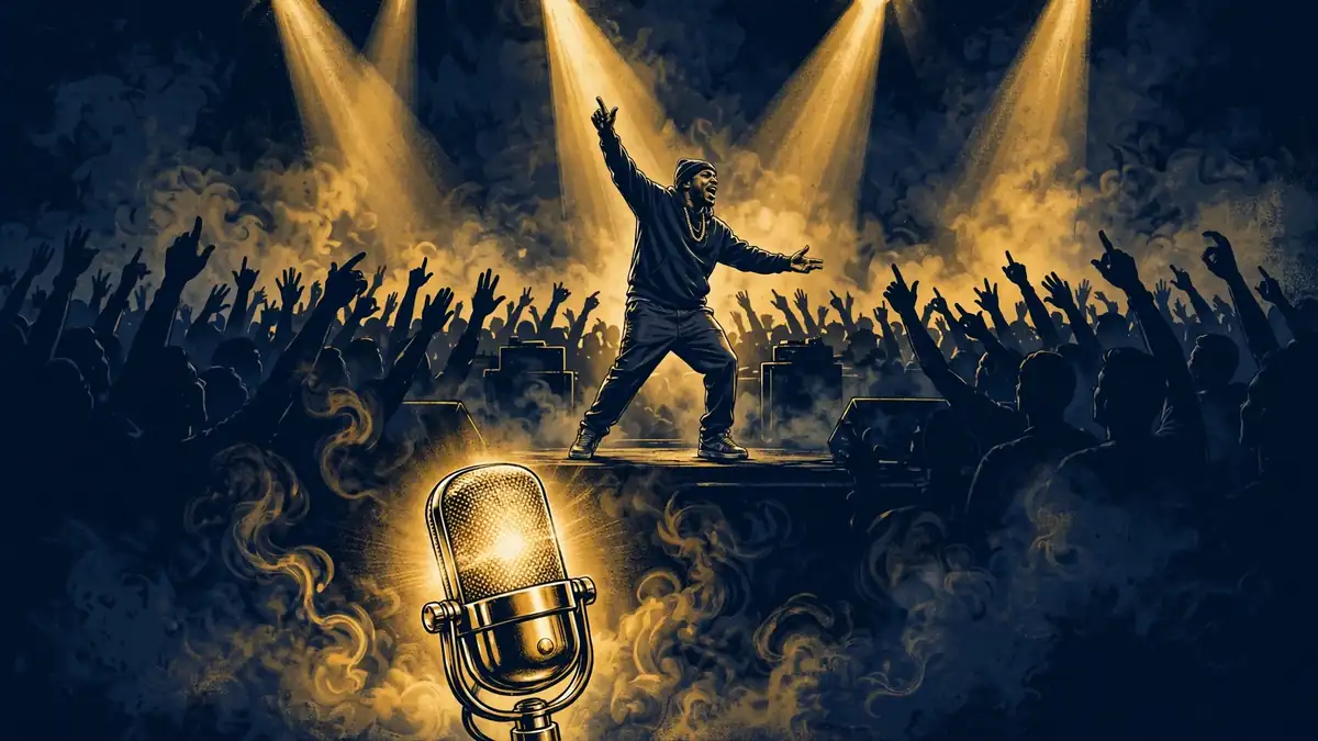 Illustration of Trippie Redd performing on a concert stage with gold lights and a crowd
