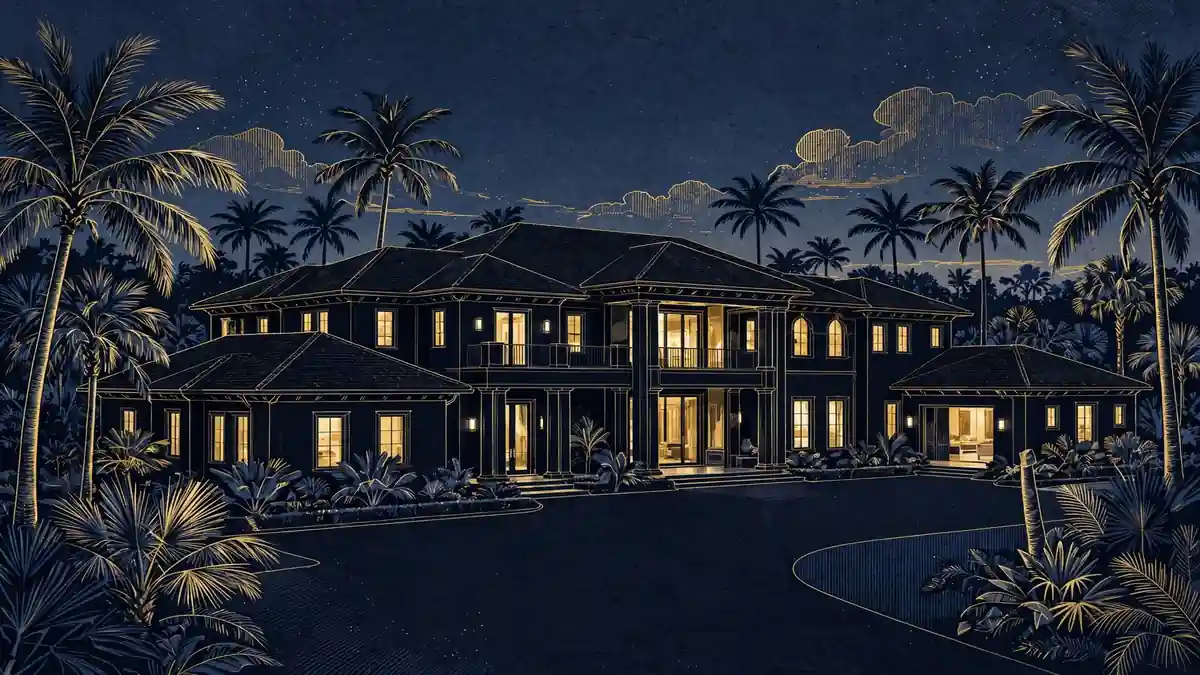 Illustration of a luxury all-black Florida mansion at dusk with palm trees