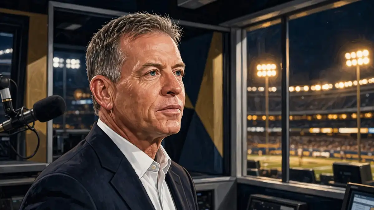 Stylized illustrated portrait of Troy Aikman in an ESPN broadcast booth with stadium lights behind him