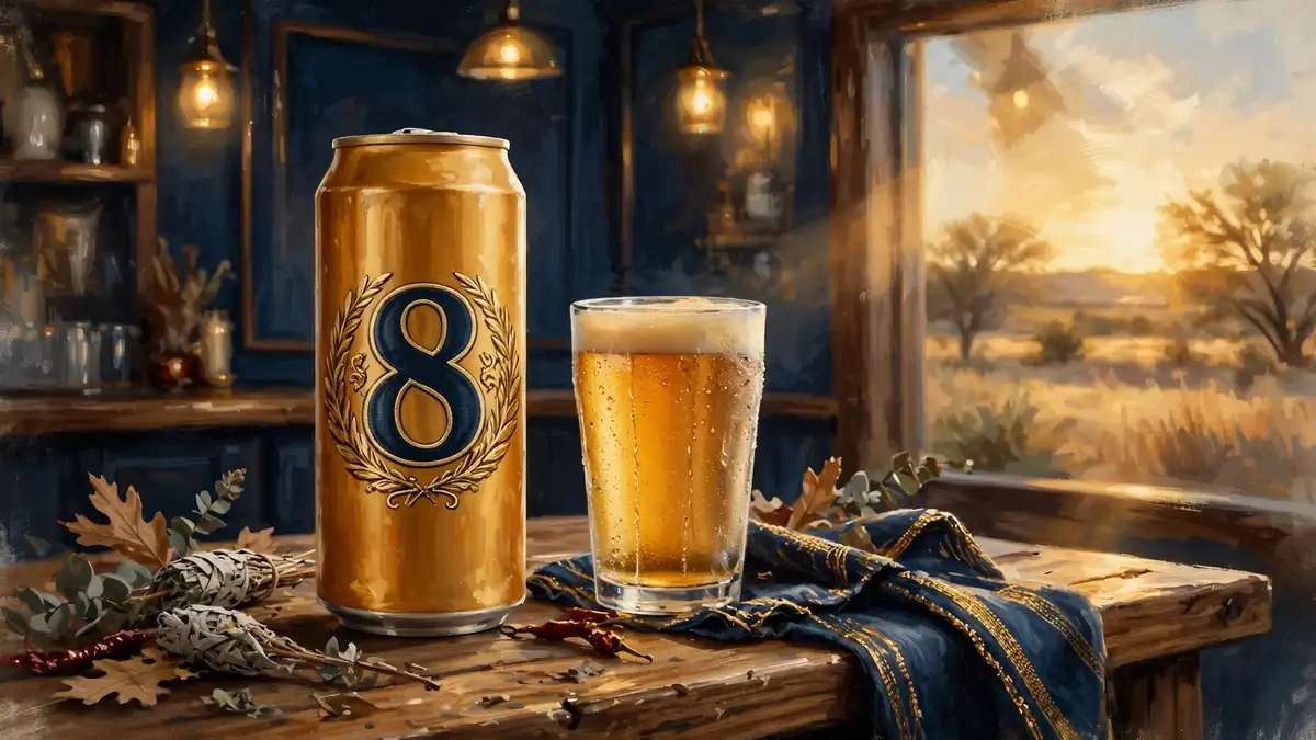 Illustrated amber beer can with a number 8 emblem on a Texas bar counter, representing Aikman's EIGHT Brewing company