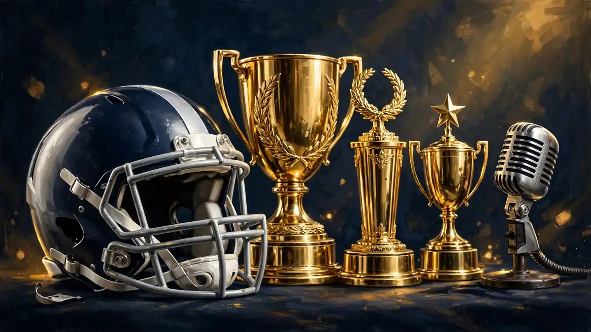 Illustrated navy and silver football helmet beside three gold championship trophies and a broadcast microphone