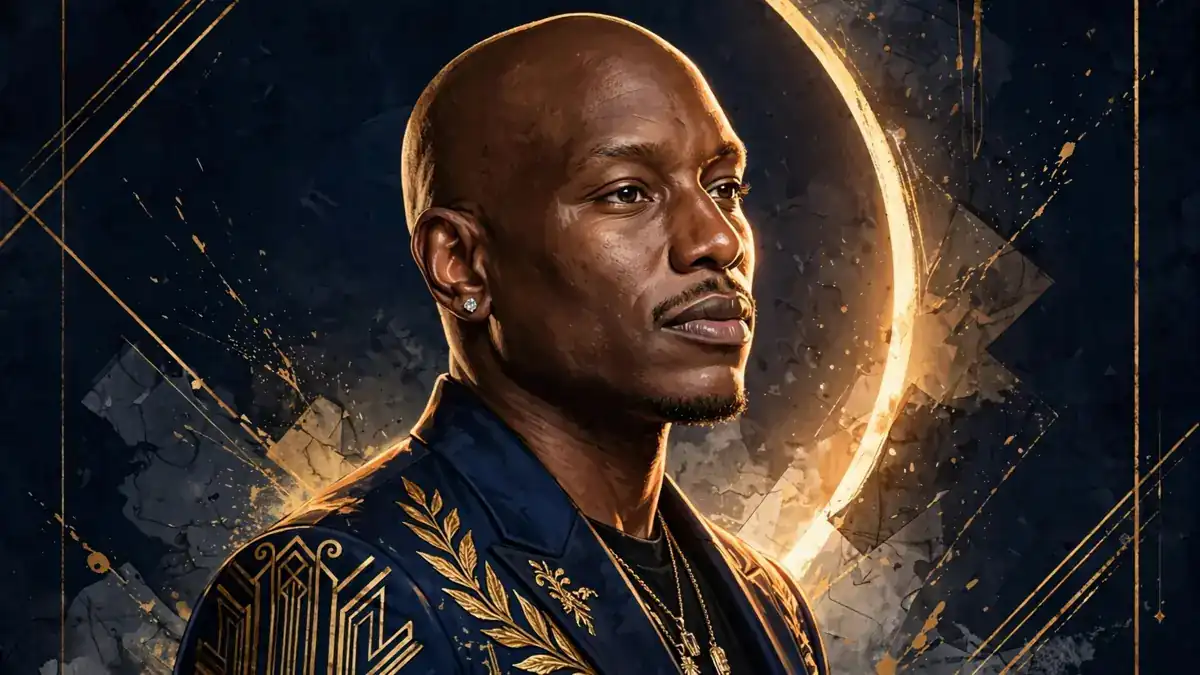 Stylized illustrated portrait of Tyrese Gibson in navy and gold editorial art