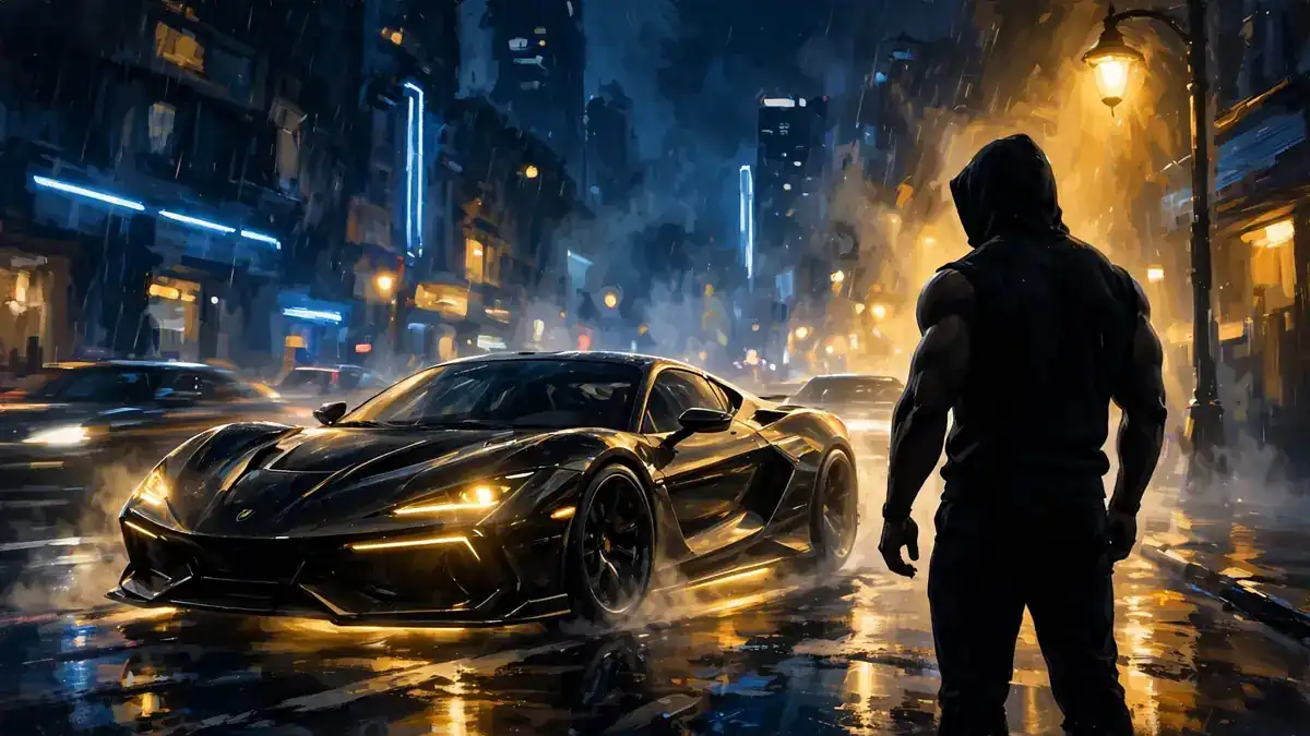 Stylized illustration of a Fast & Furious-style street racing scene at night