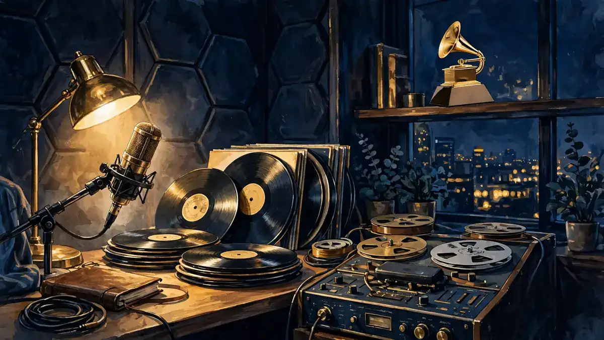 Stylized illustration of a recording studio with a vintage microphone and Grammy-style trophy
