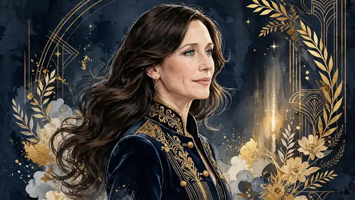 Stylized illustrated portrait of actress Vera Farmiga in navy and gold editorial style