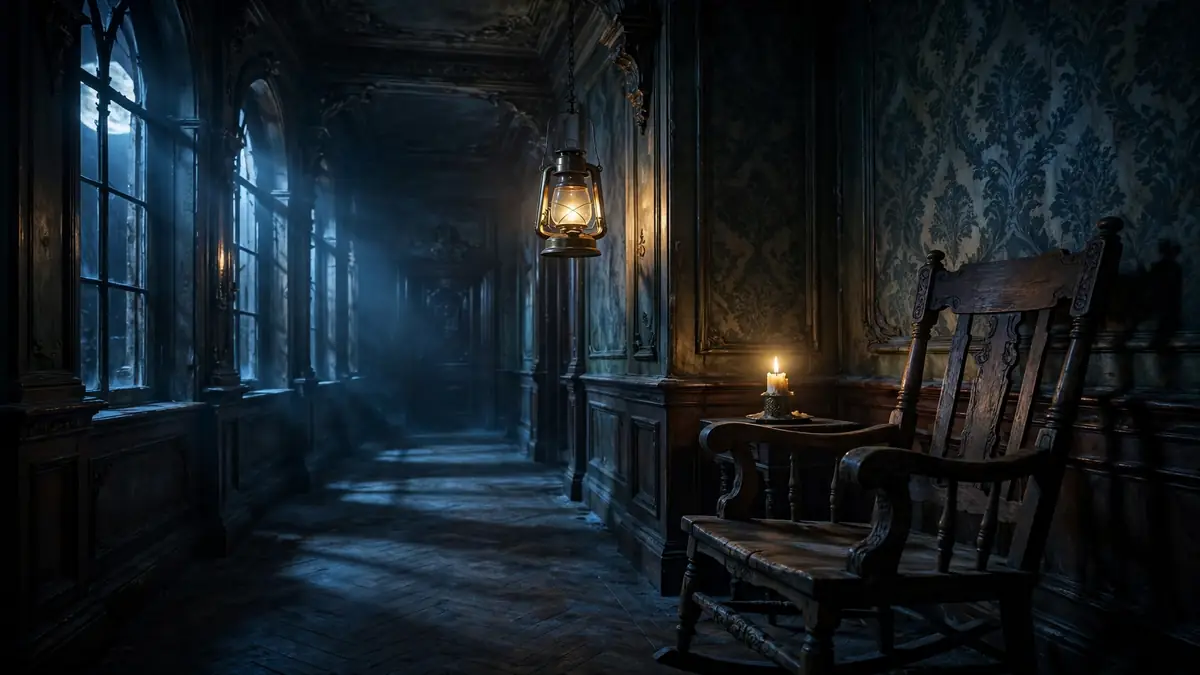 Illustration of a gothic haunted mansion hallway with a candle and rocking chair