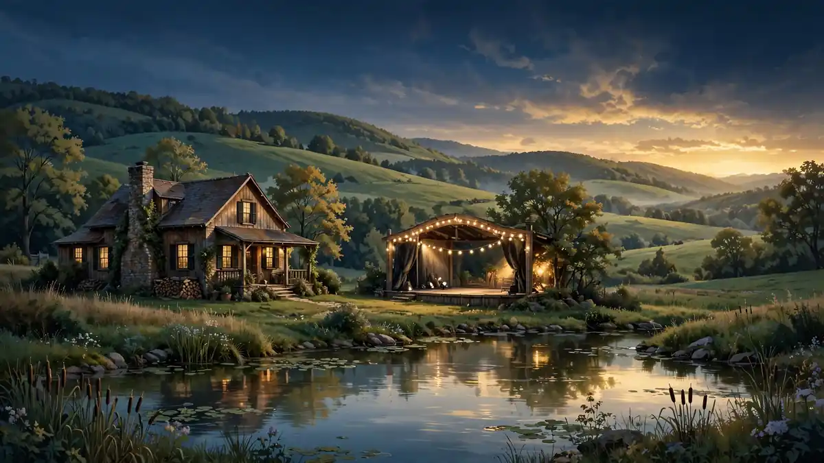 Illustration of a Hudson Valley farmhouse at golden hour with theater lights