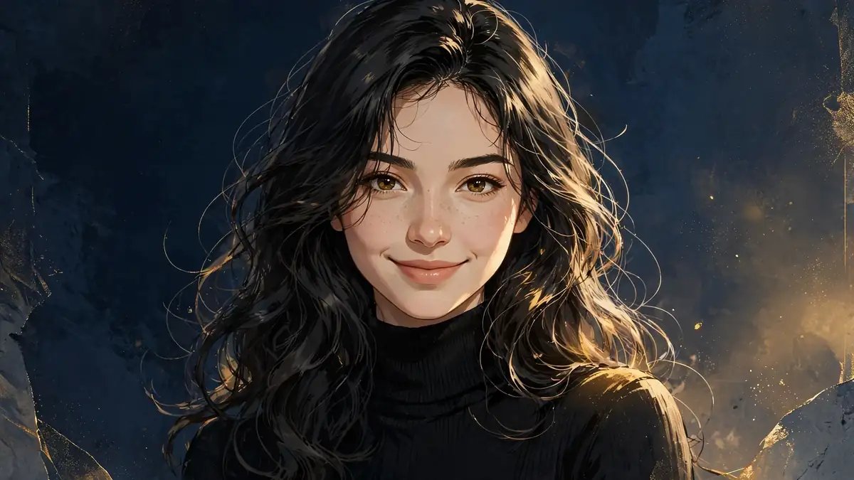Stylized editorial illustration of Violet Myers, dark navy and gold portrait artwork
