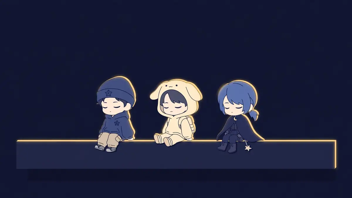 Illustration of anime figurines and collectibles on a shelf, navy and gold style
