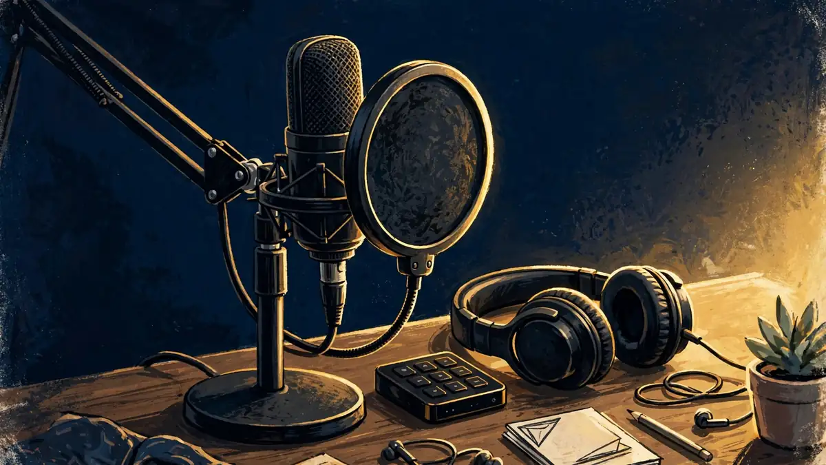 Illustration of a podcast microphone on a streaming desk, navy and gold style